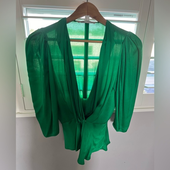 Zara satin wrap blouse emerald green Small EUC - Picture 4 of 5